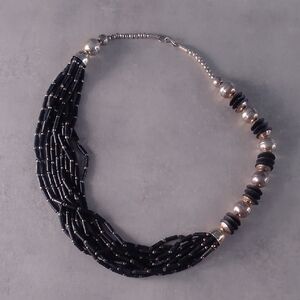 ✨ Vintage 1980s Multi-Strand Black Beaded Necklace, Statement Jewelry, 13 Inches